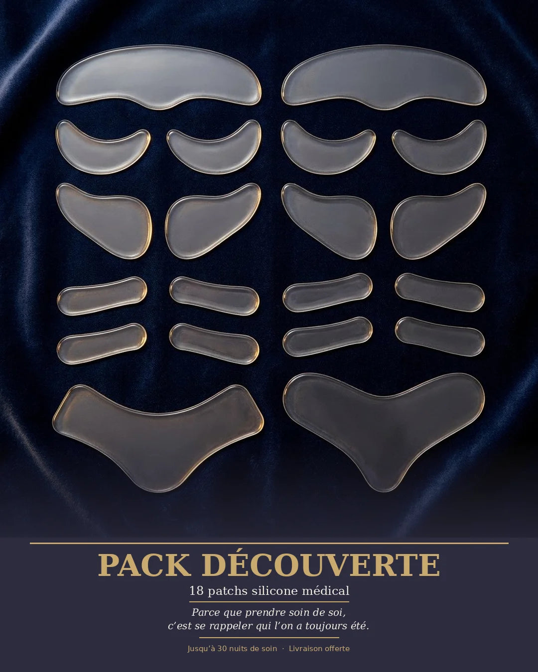 Velyne™ Pack Découverte — 18 patchs silicone médical anti-rides, réutilisables jusqu'à 30 fois