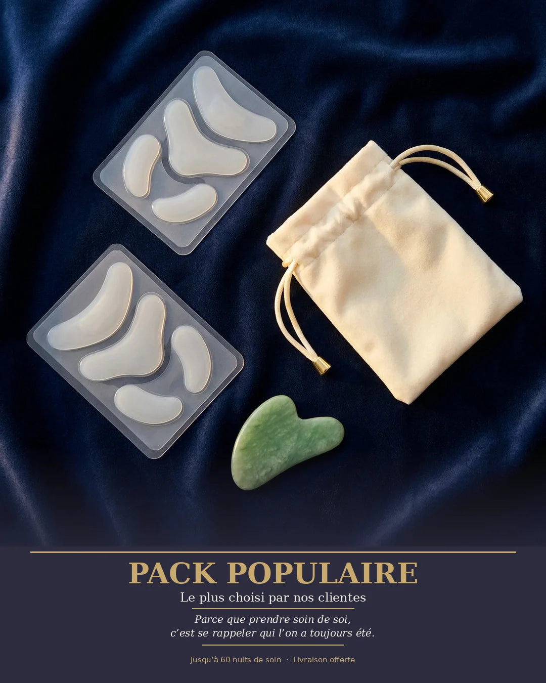 Velyne™ Pack Populaire — 2 kits patchs silicone anti-rides + Gua Sha jade + pochette velours ivoire
