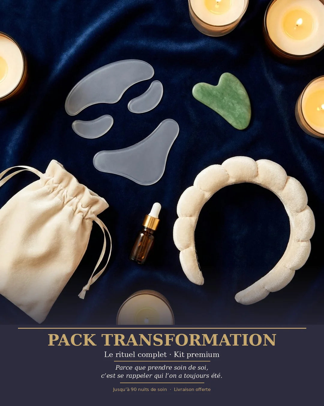 Velyne™ Pack Transformation — kit complet anti-rides : patchs silicone, Gua Sha jade, sérum peptides, pochette et bandeau velours ivoire